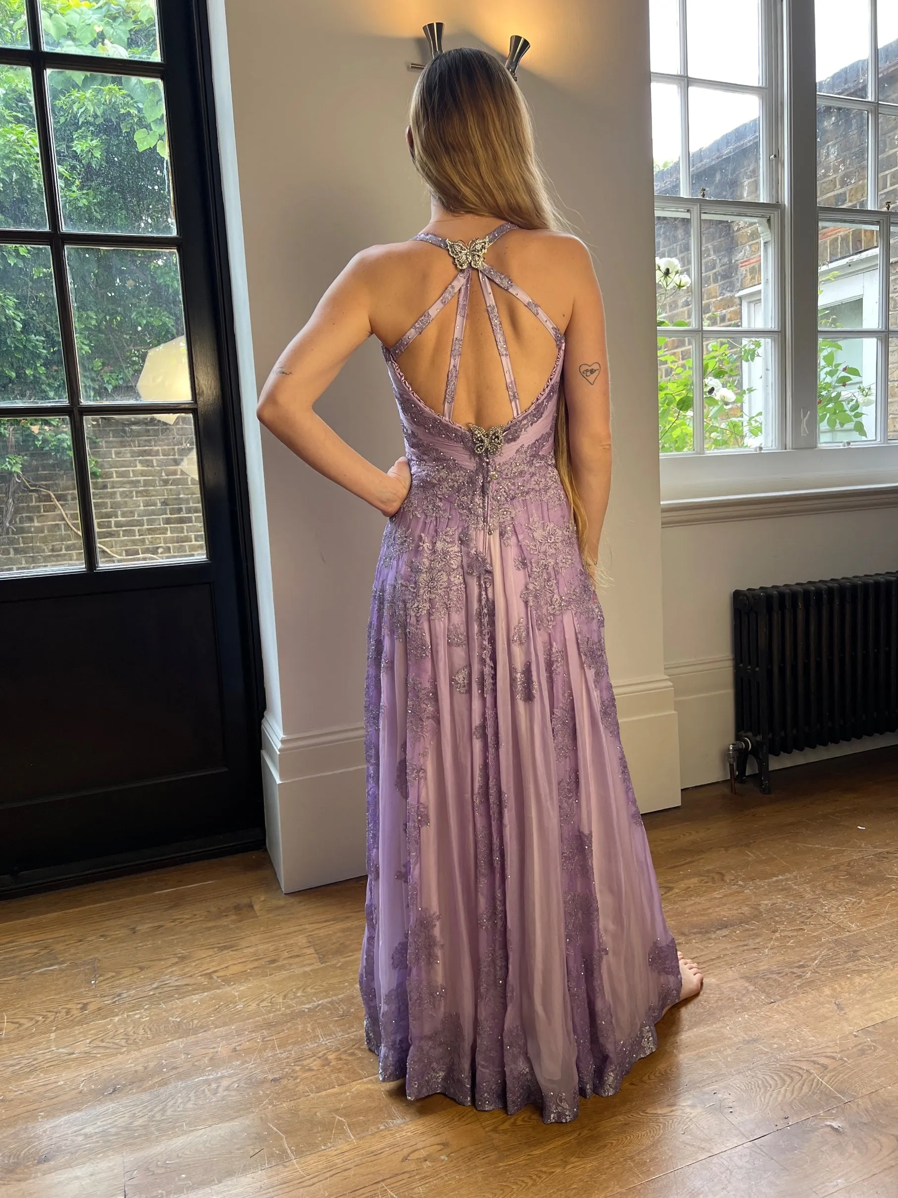 1990s Lilac Butterfly Bespoke Embellished Chiffon Maxi Dress