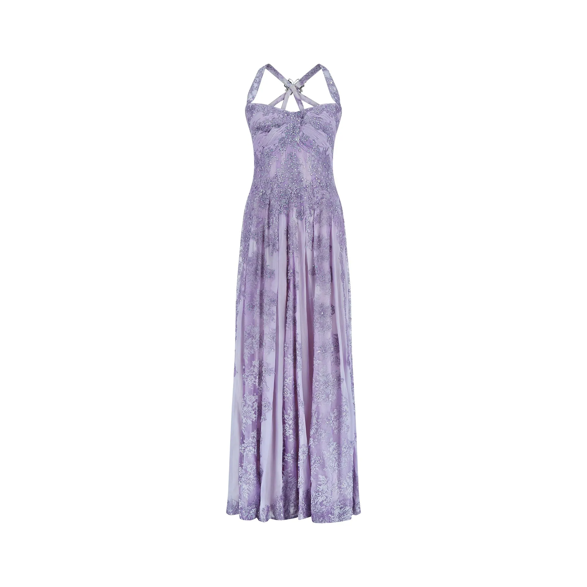 1990s Lilac Butterfly Bespoke Embellished Chiffon Maxi Dress
