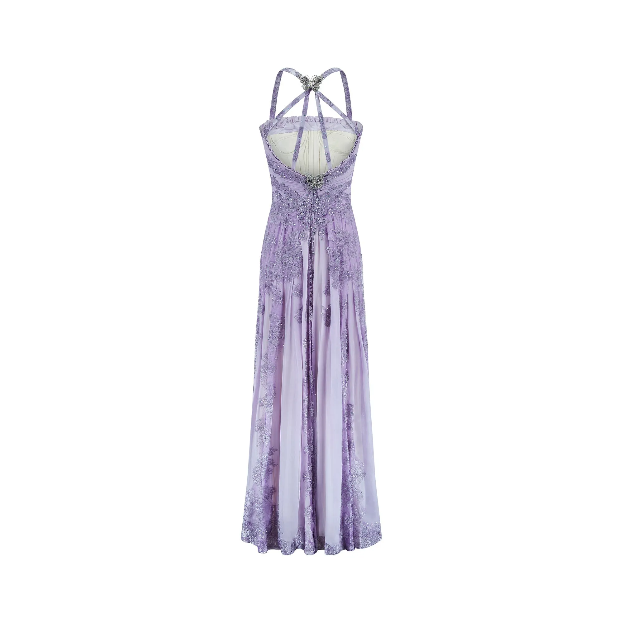1990s Lilac Butterfly Bespoke Embellished Chiffon Maxi Dress