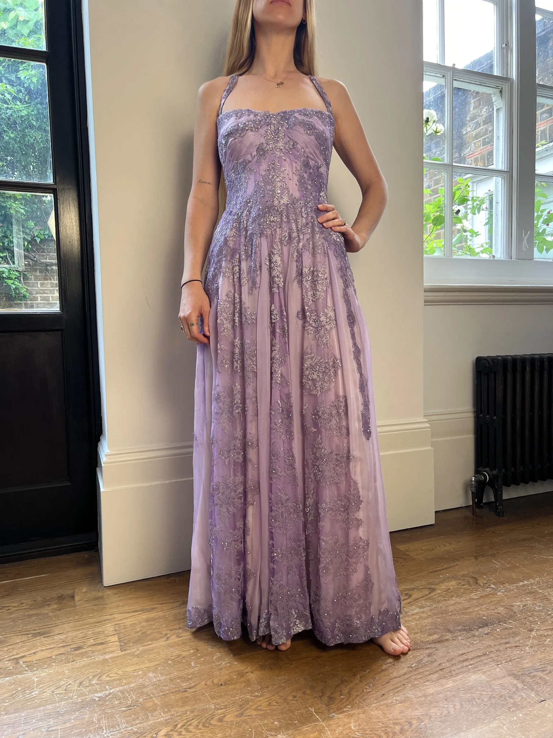 1990s Lilac Butterfly Bespoke Embellished Chiffon Maxi Dress