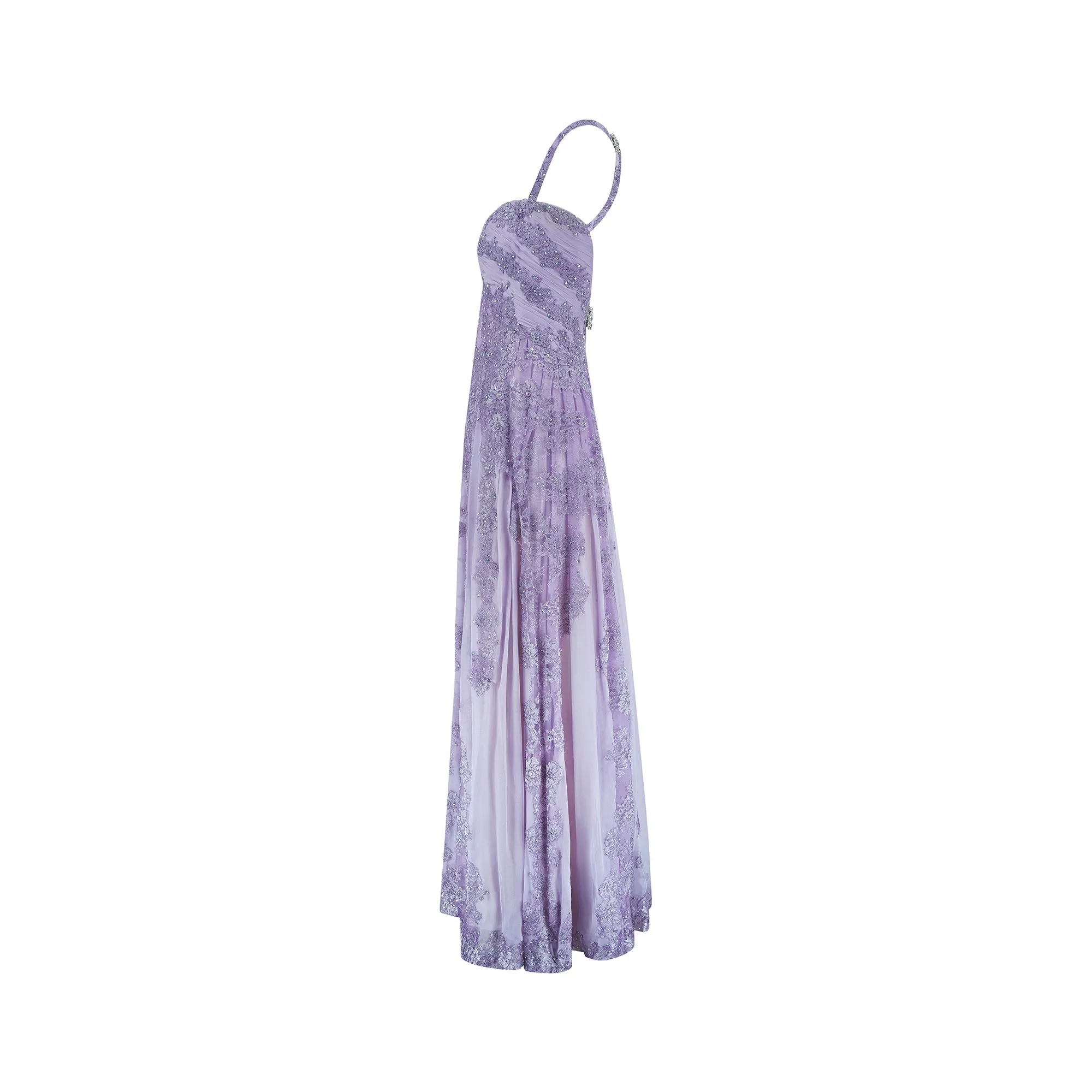 1990s Lilac Butterfly Bespoke Embellished Chiffon Maxi Dress