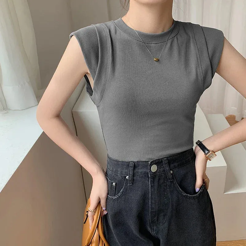 2024 Summer Fashion T-shirt Women Round Collar Solid Color Tank Top