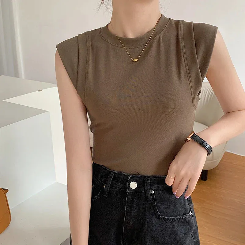 2024 Summer Fashion T-shirt Women Round Collar Solid Color Tank Top