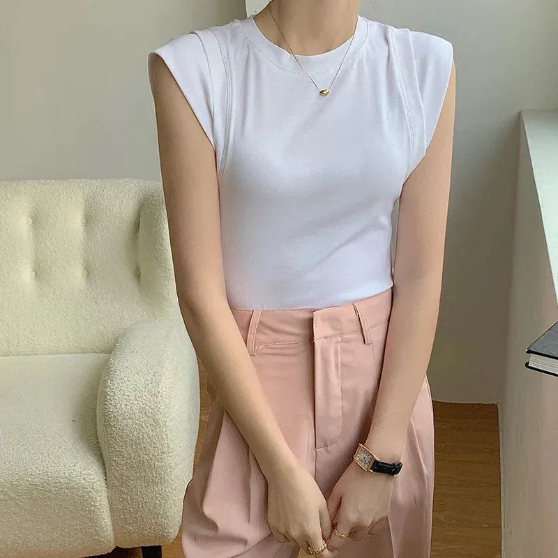 2024 Summer Fashion T-shirt Women Round Collar Solid Color Tank Top