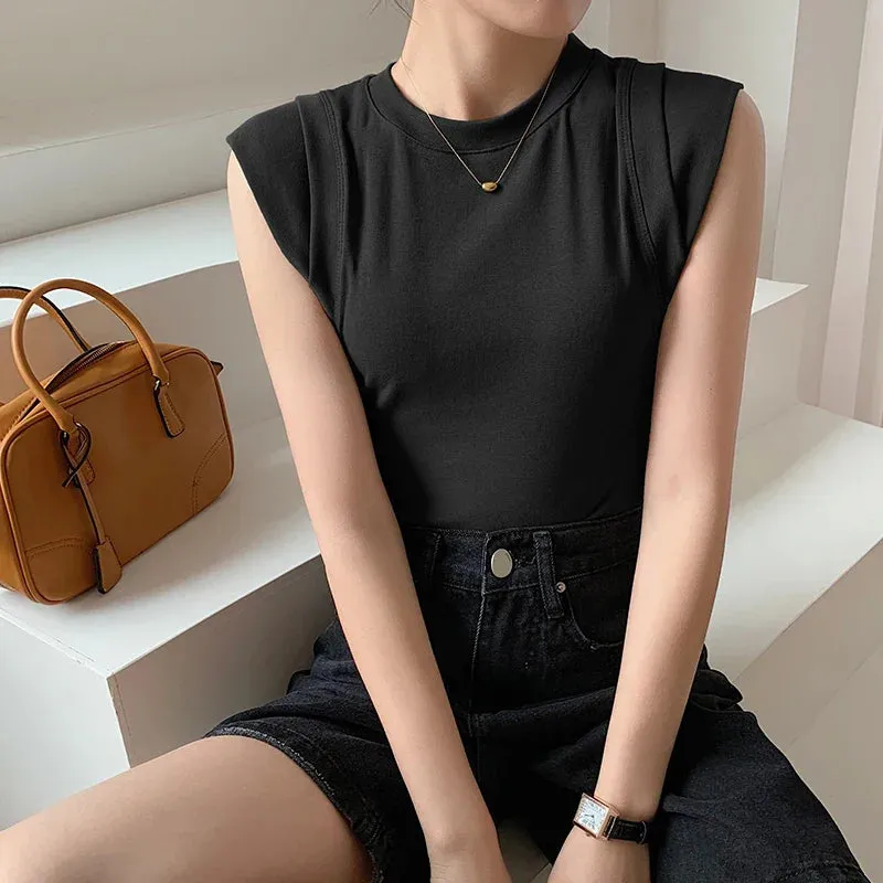 2024 Summer Fashion T-shirt Women Round Collar Solid Color Tank Top