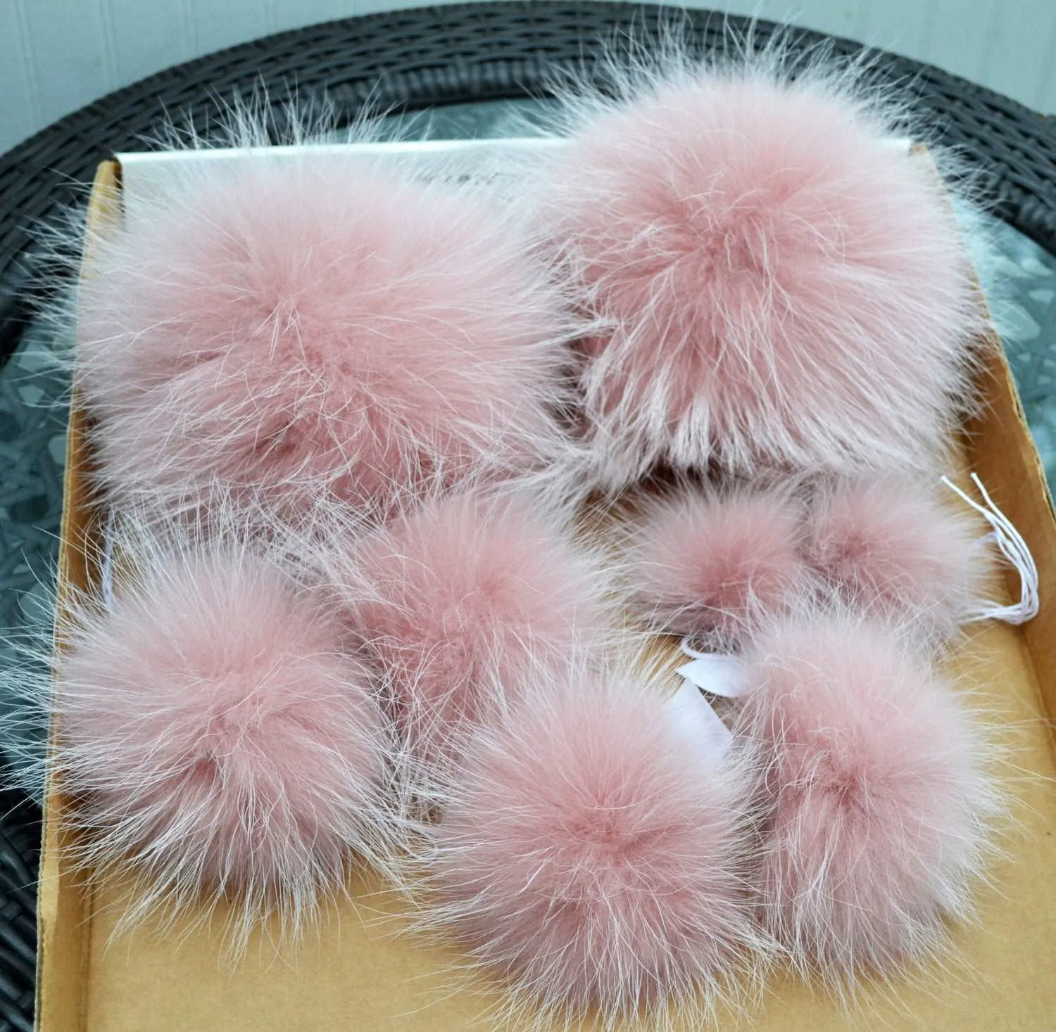 3-9" EXTRA LARGE pink powder raccoon pom poms. SUPER THICK with threads