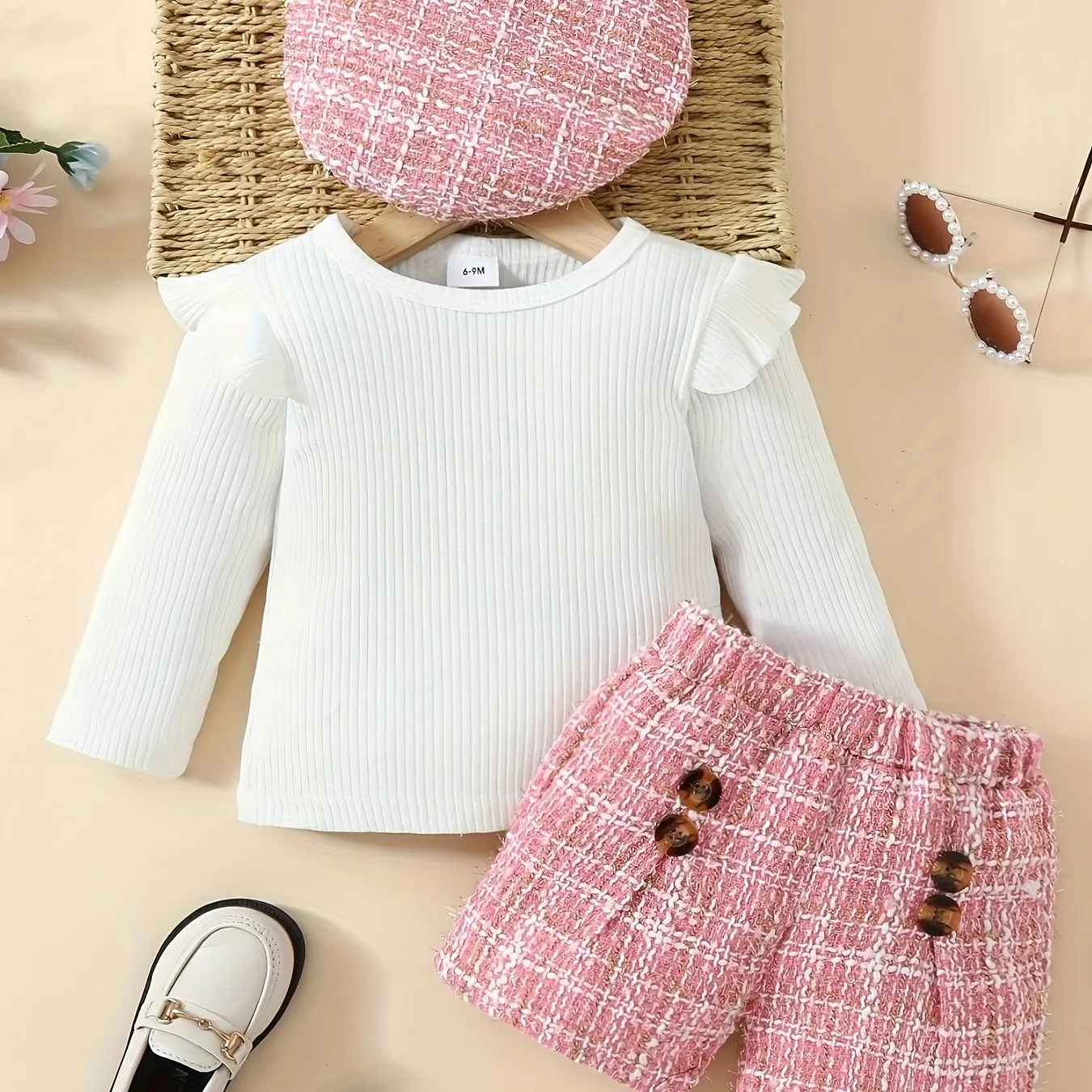 Adorable Toddler Girl Romper Set with Houndstooth Shorts  Hat