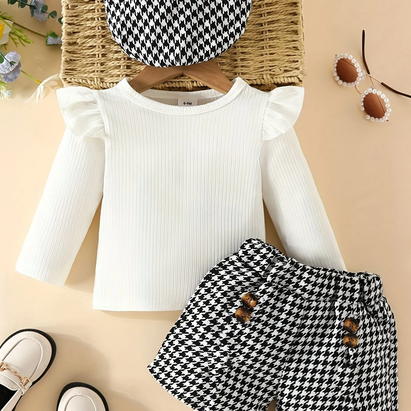 Adorable Toddler Girl Romper Set with Houndstooth Shorts  Hat