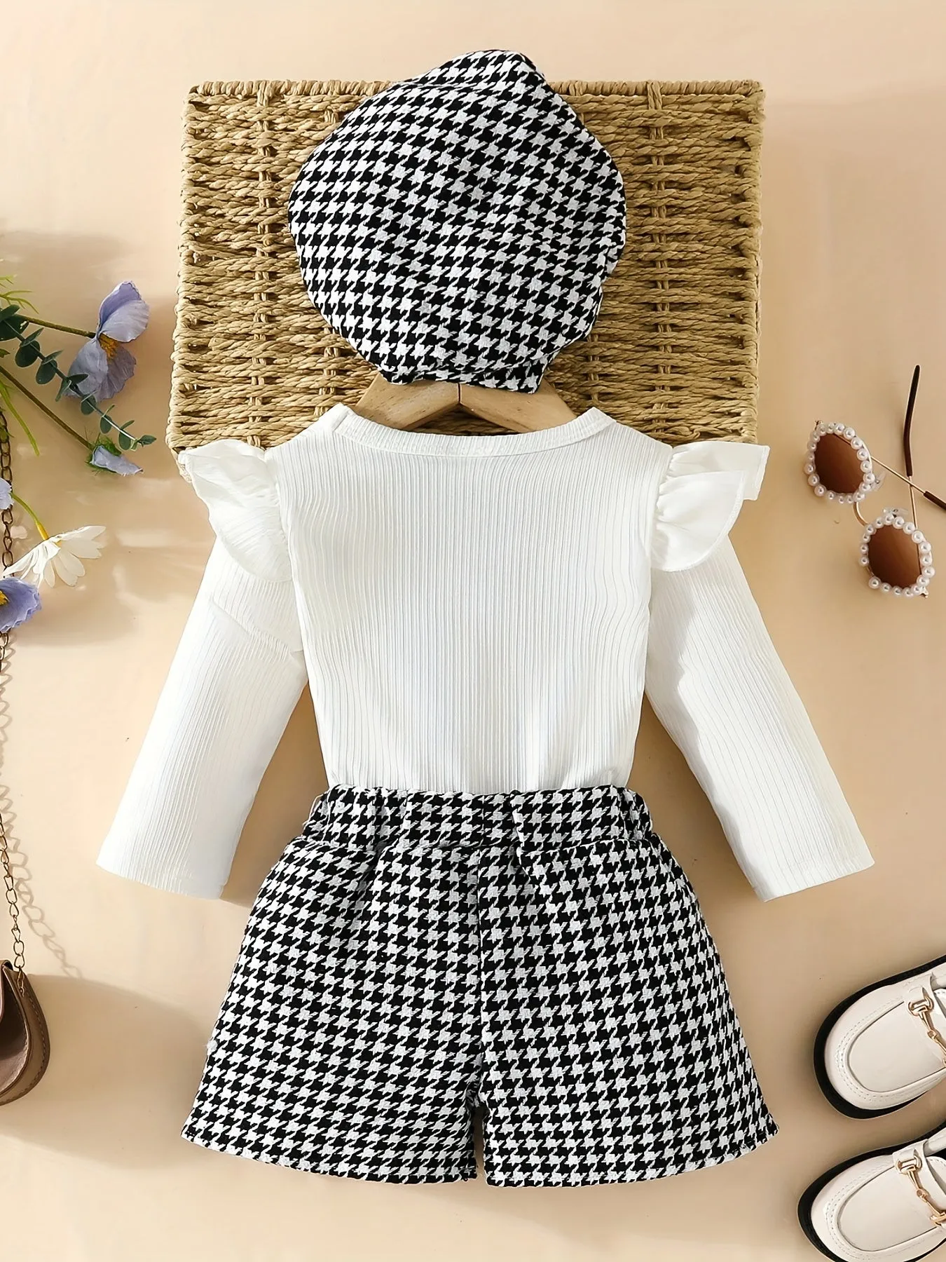 Adorable Toddler Girl Romper Set with Houndstooth Shorts  Hat