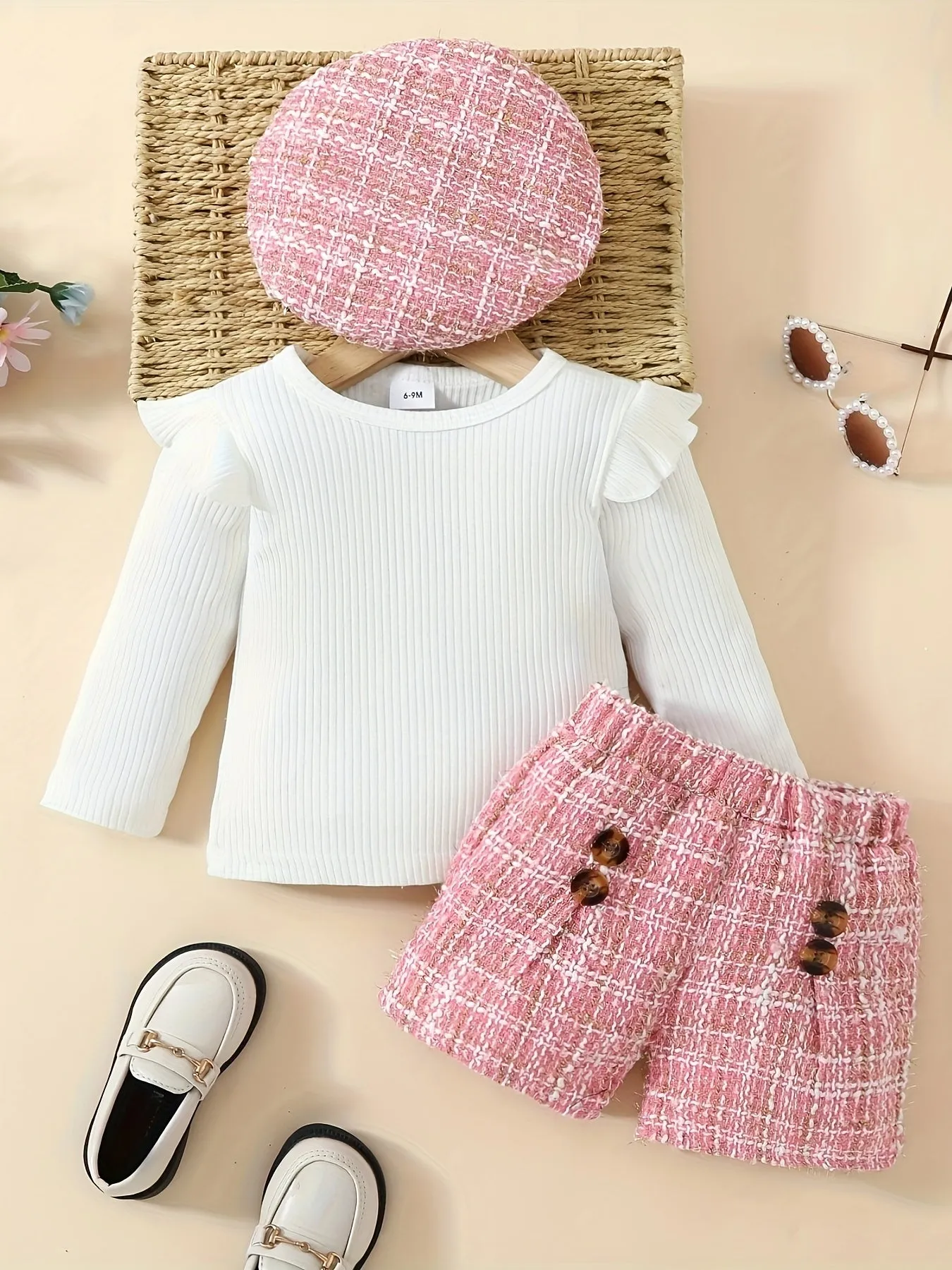 Adorable Toddler Girl Romper Set with Houndstooth Shorts  Hat