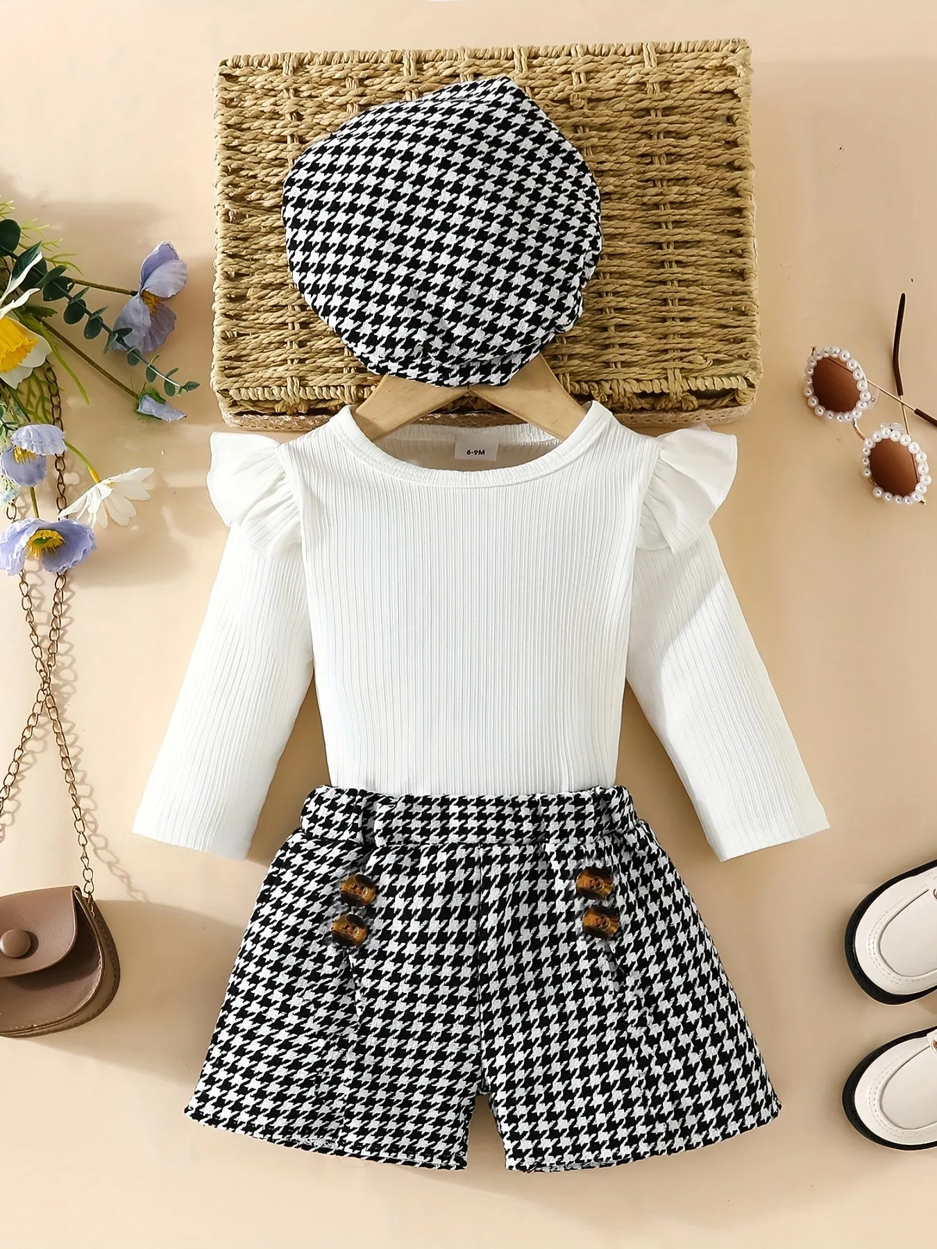 Adorable Toddler Girl Romper Set with Houndstooth Shorts  Hat