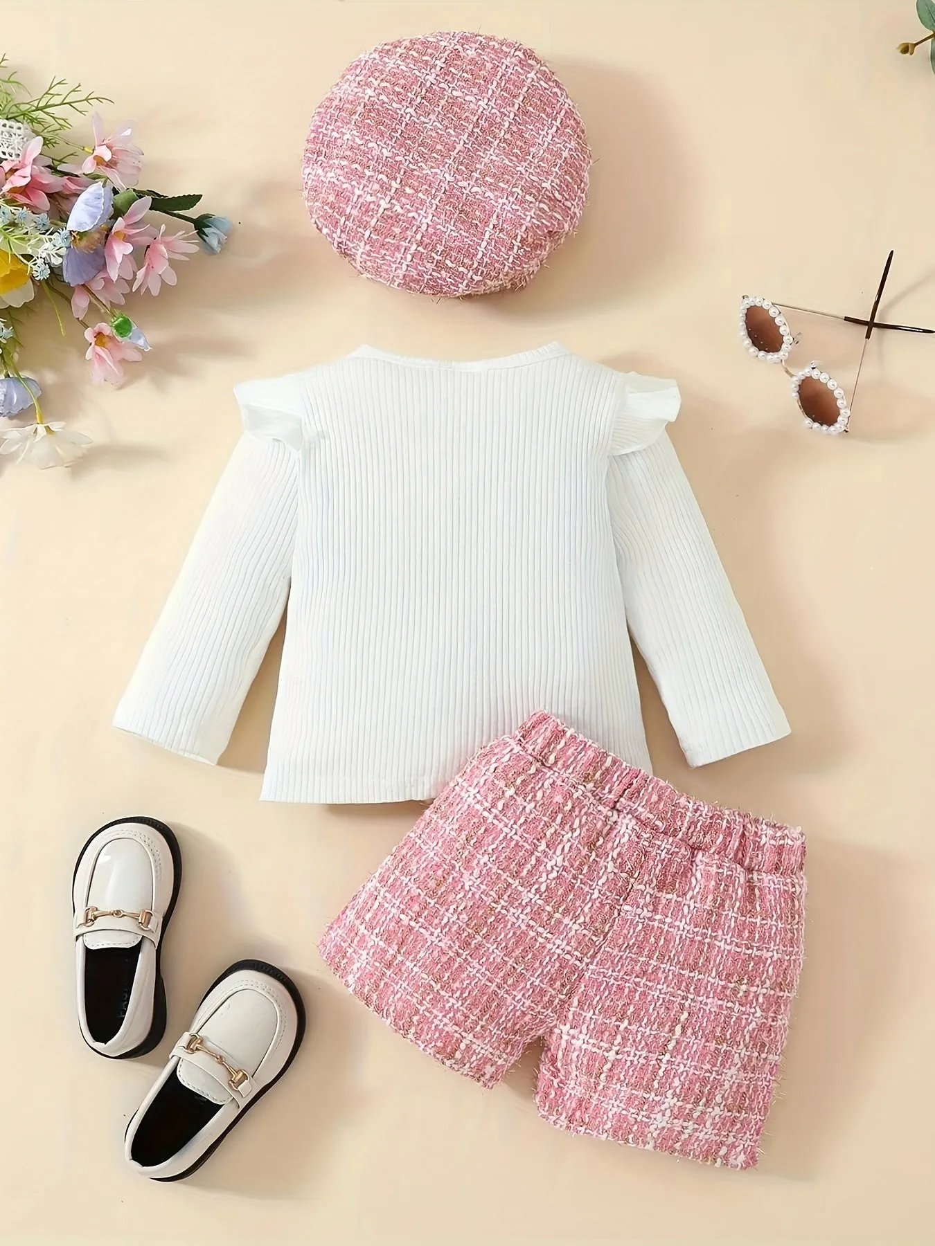Adorable Toddler Girl Romper Set with Houndstooth Shorts  Hat