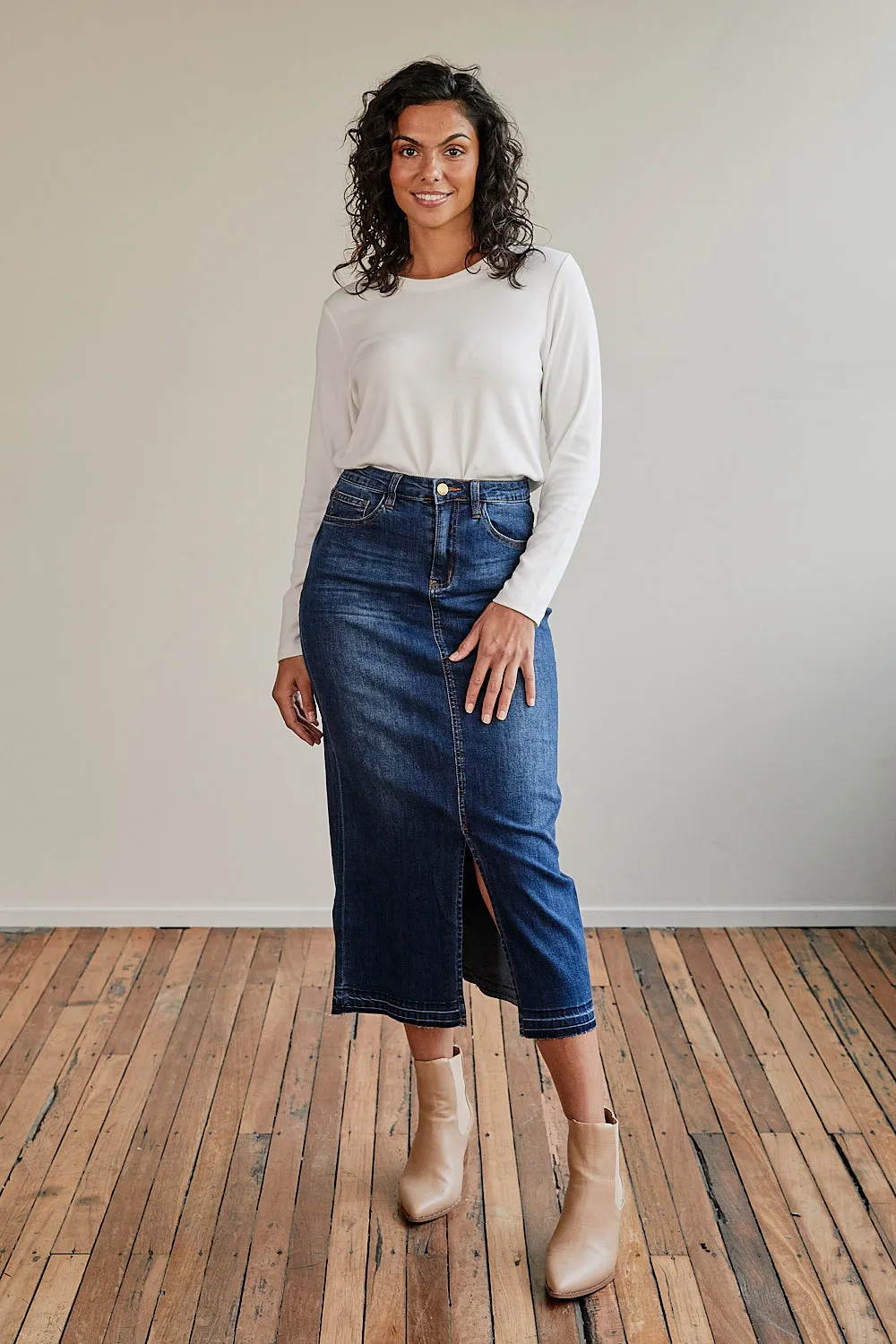 Adrift Denim Long Split Skirt in Mid Wash