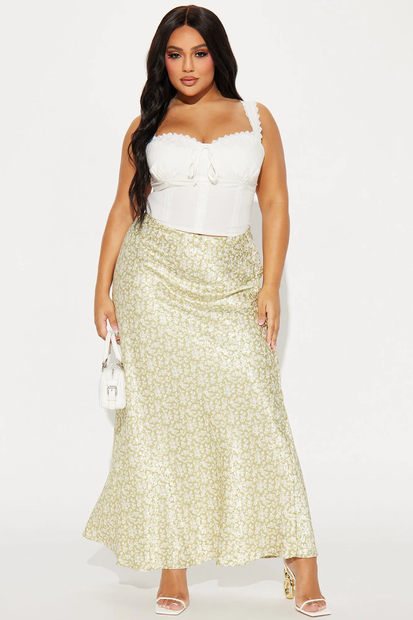 Alana Floral Satin Maxi Skirt - Sage/combo