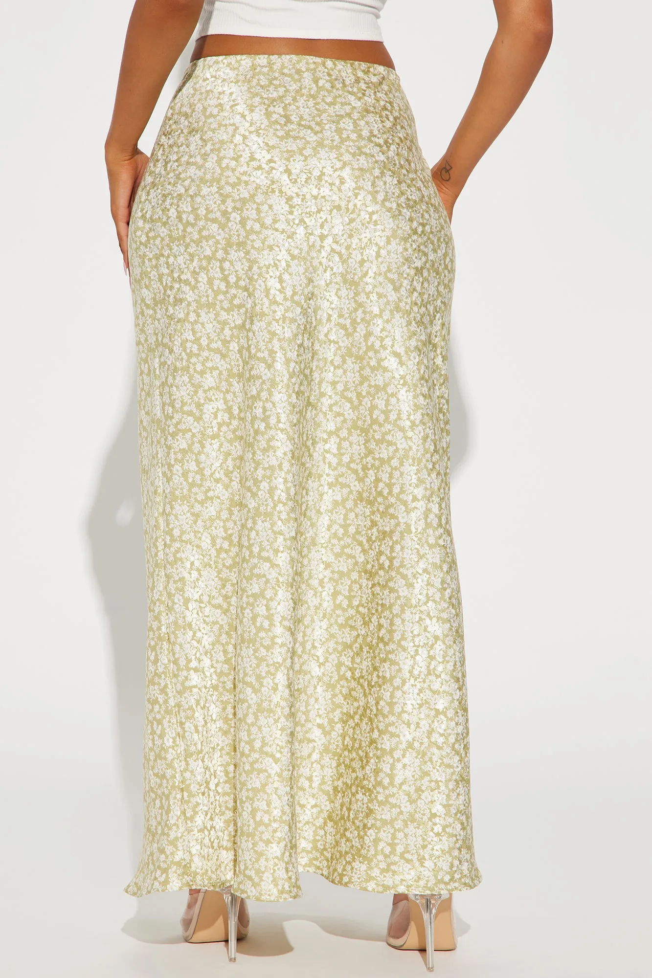 Alana Floral Satin Maxi Skirt - Sage/combo