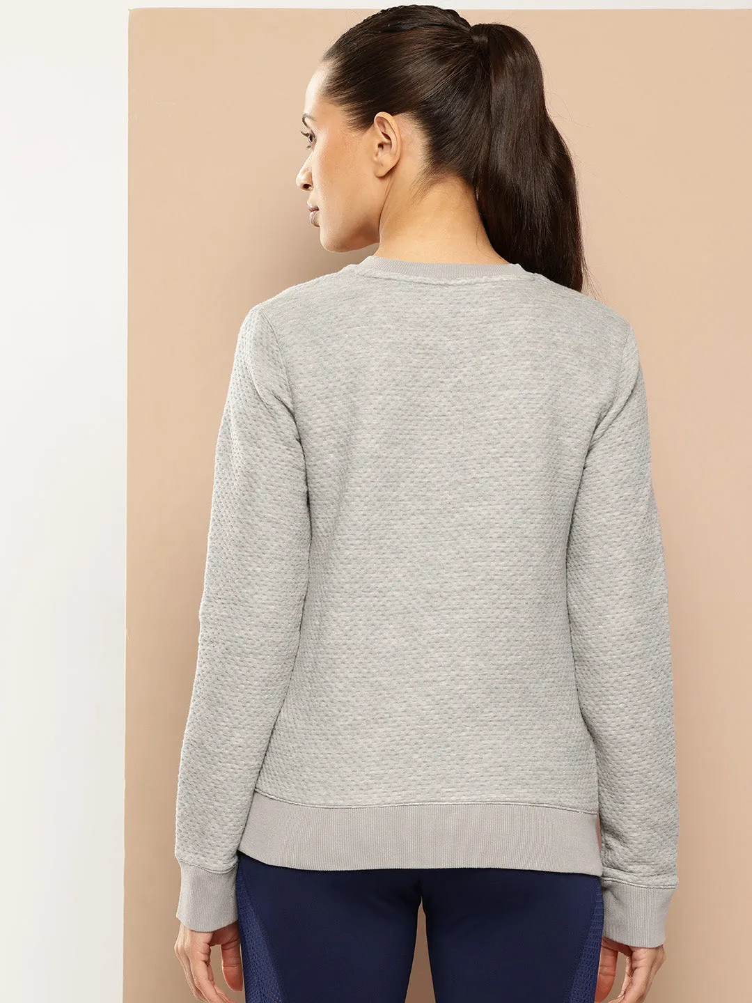 Alcis Women Grey Melange Typography Printed Textured Applique Sweatshirt