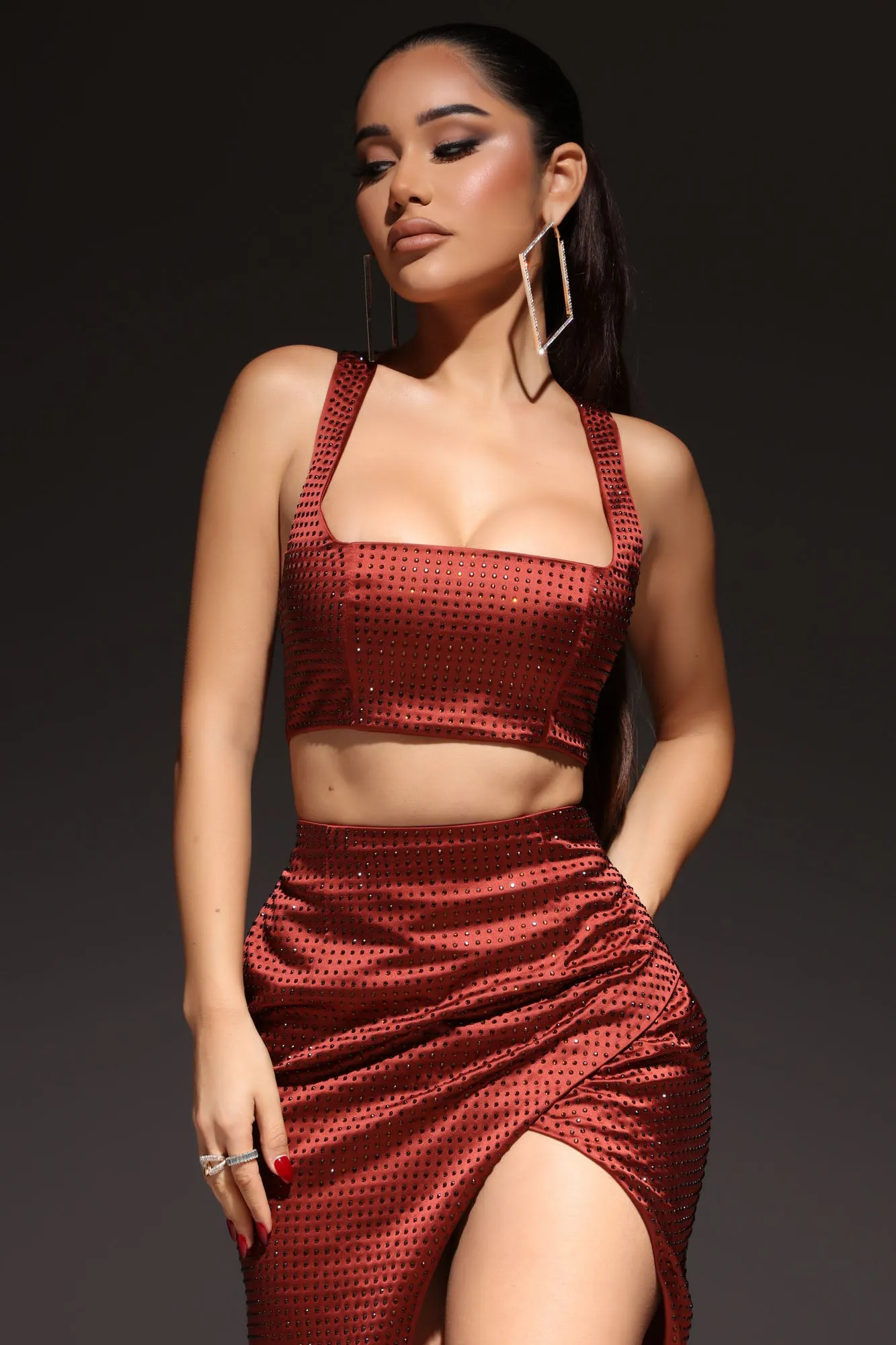 Alisha Embellished Maxi Skirt Set - Brown