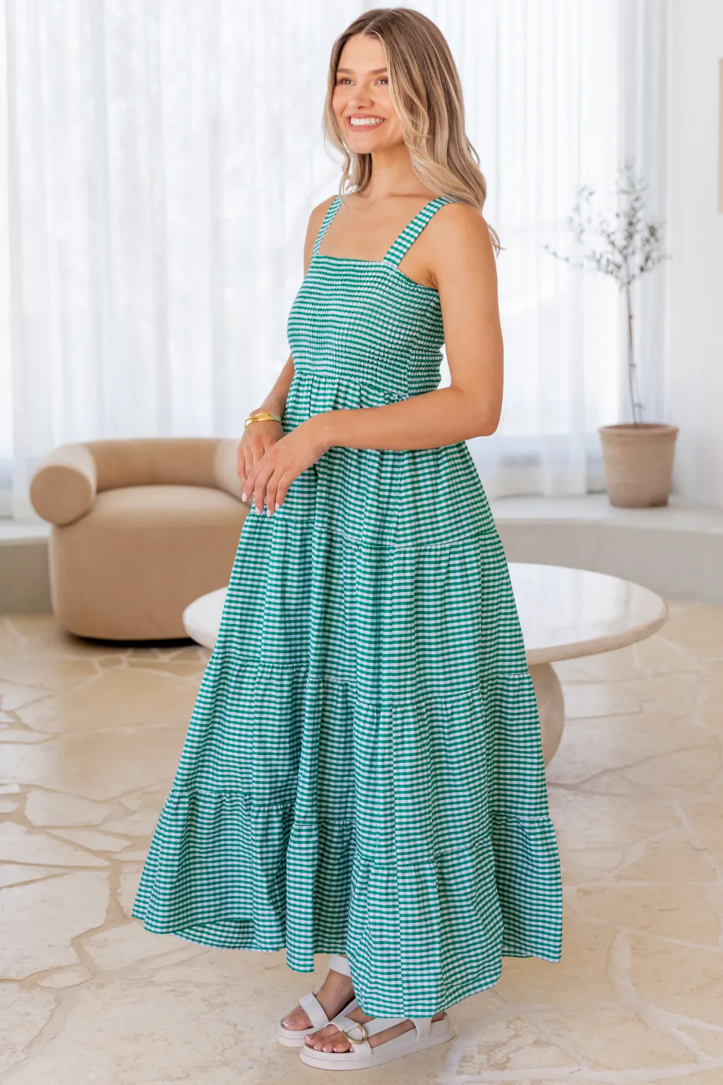 April Shirred Maxi Dress Green Gingham