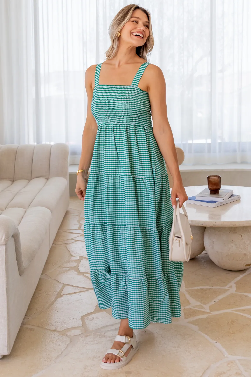 April Shirred Maxi Dress Green Gingham