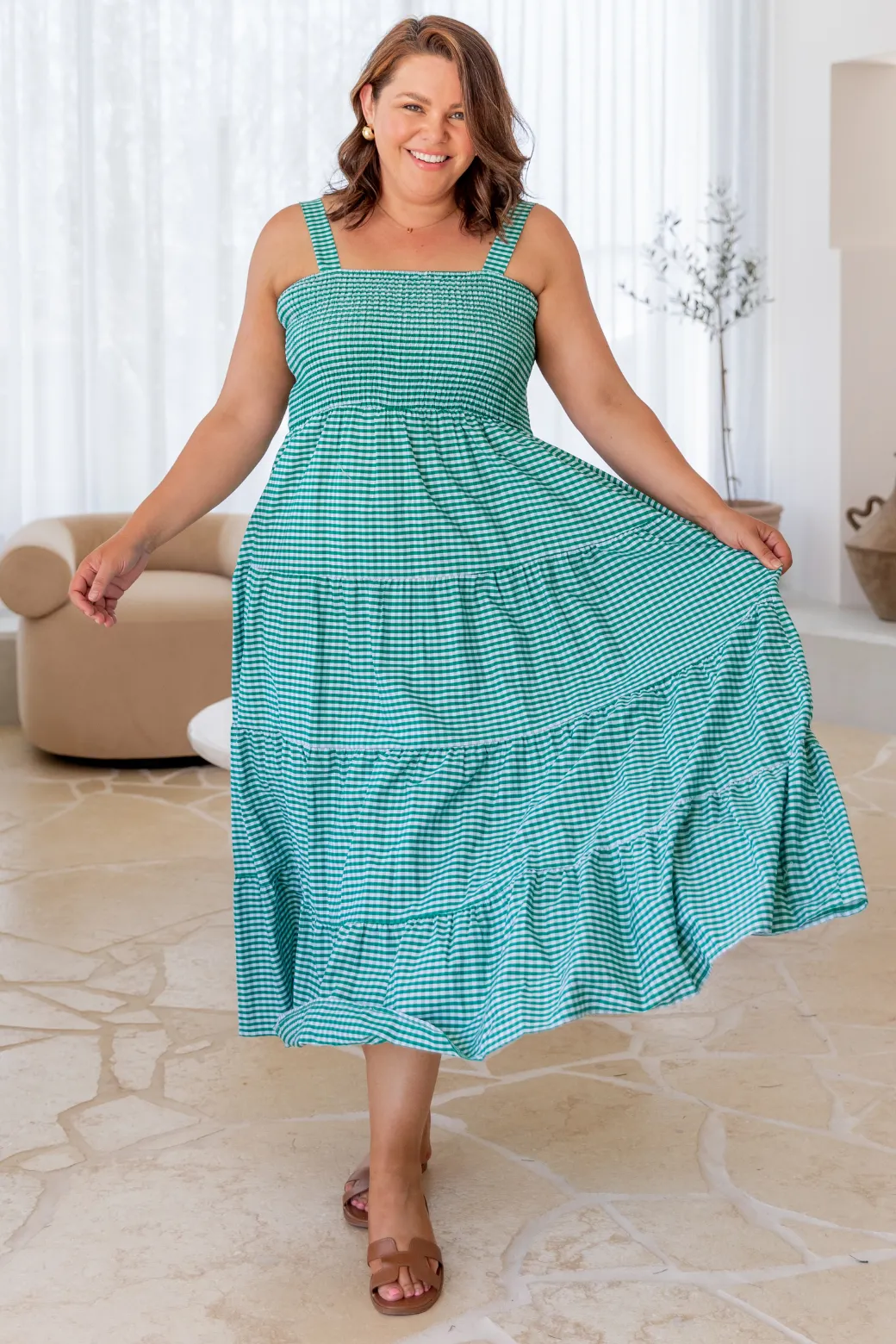 April Shirred Maxi Dress Green Gingham