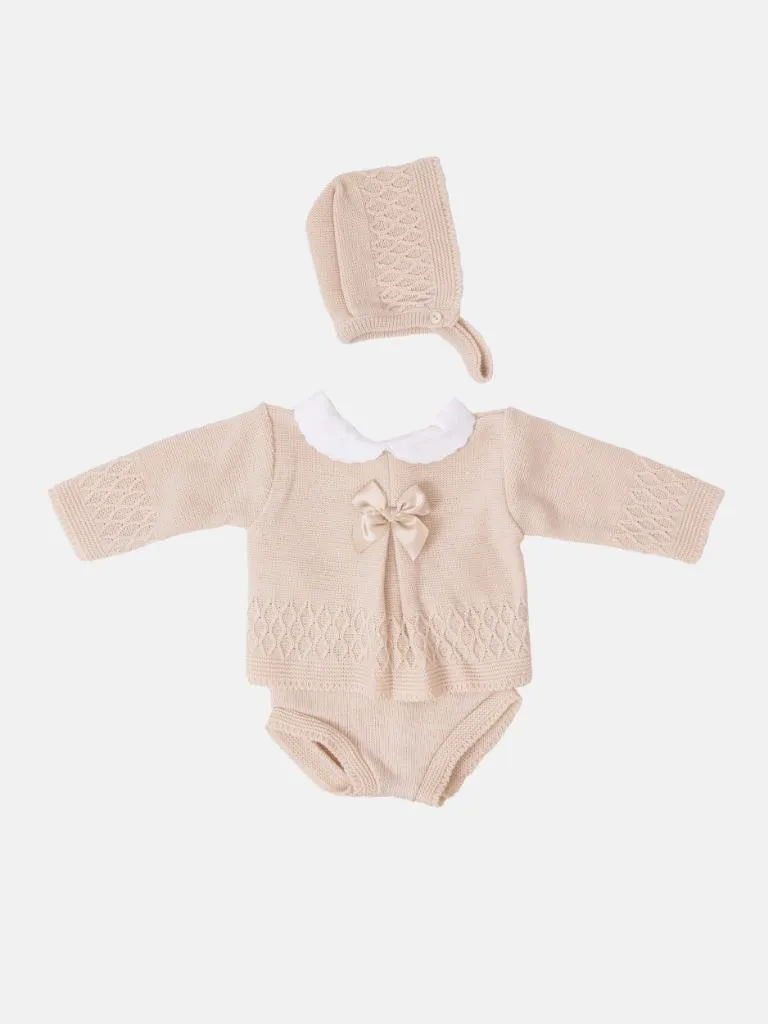 Baby Girl Sofia Collection Knitted 3 piece set with Satin Bow and Bonnet - Beige