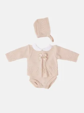 Baby Girl Sofia Collection Knitted 3 piece set with Satin Bow and Bonnet - Beige