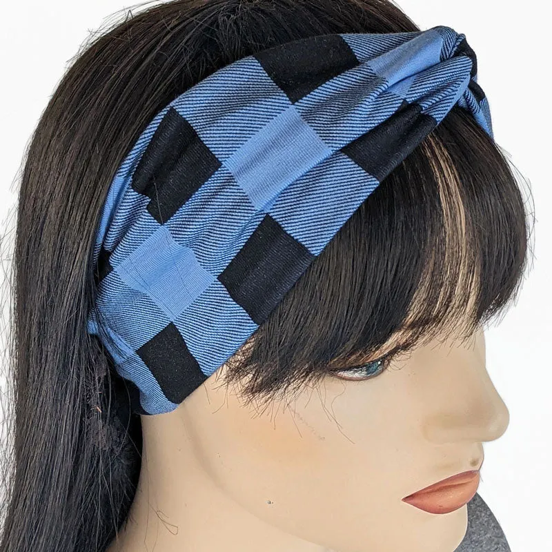 Bamboo blend wide turban style comfy wide knit headband, blue and black plaid