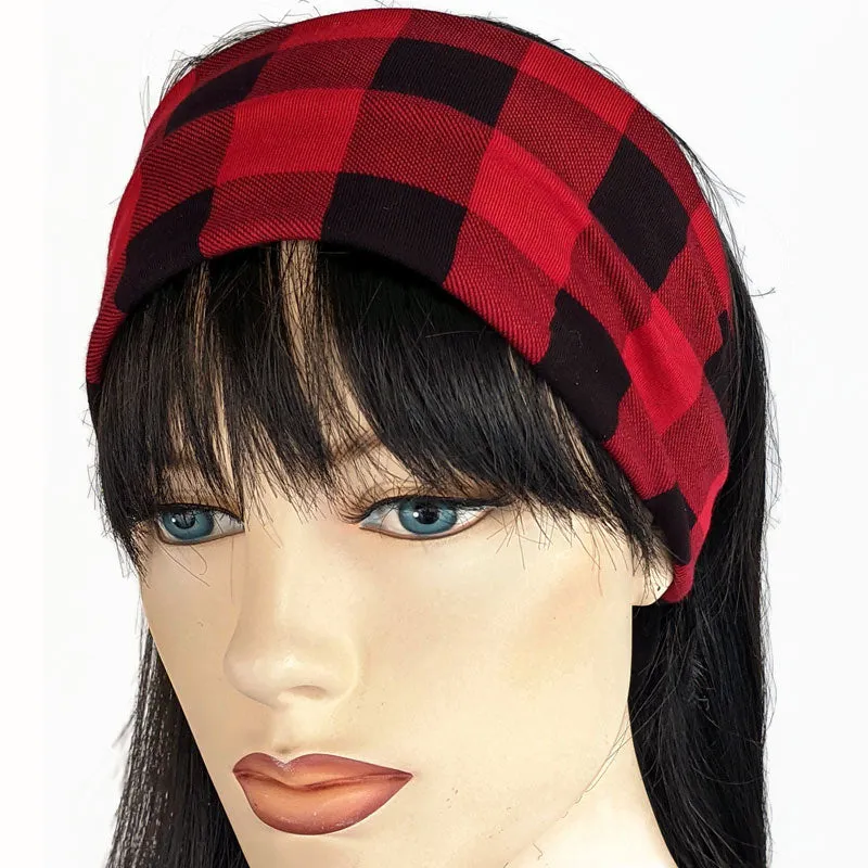 Bamboo blend wide turban style comfy wide knit headband, red and black plaid