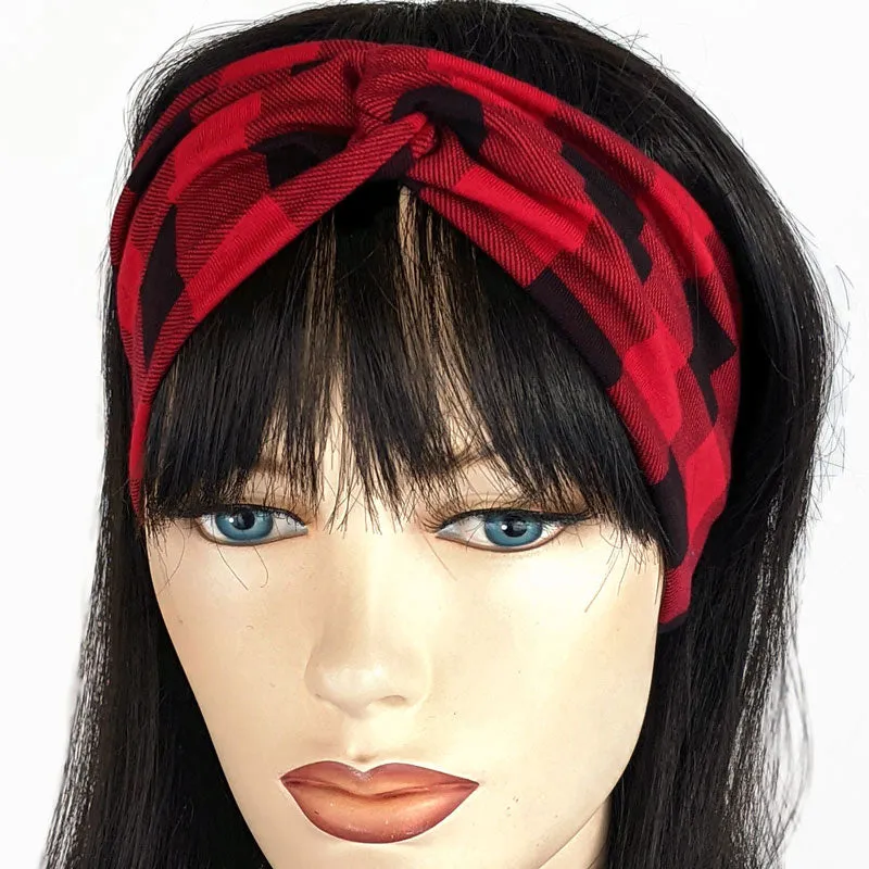 Bamboo blend wide turban style comfy wide knit headband, red and black plaid