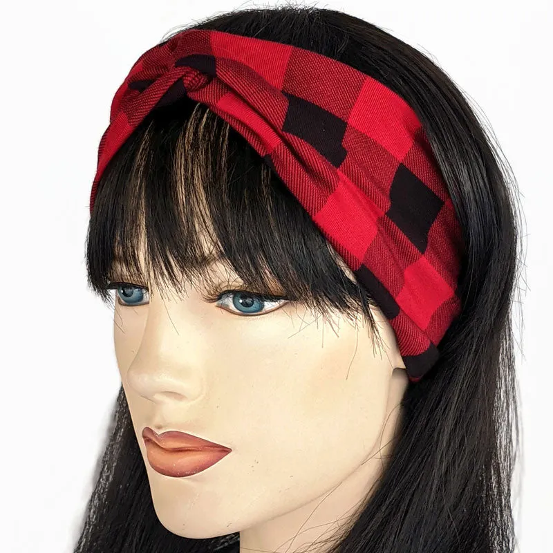 Bamboo blend wide turban style comfy wide knit headband, red and black plaid