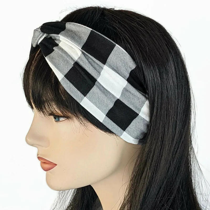 Bamboo blend wide turban style comfy wide knit headband, winter white and black plaid
