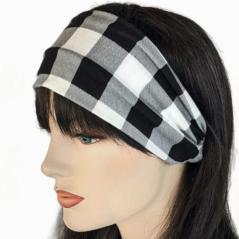Bamboo blend wide turban style comfy wide knit headband, winter white and black plaid