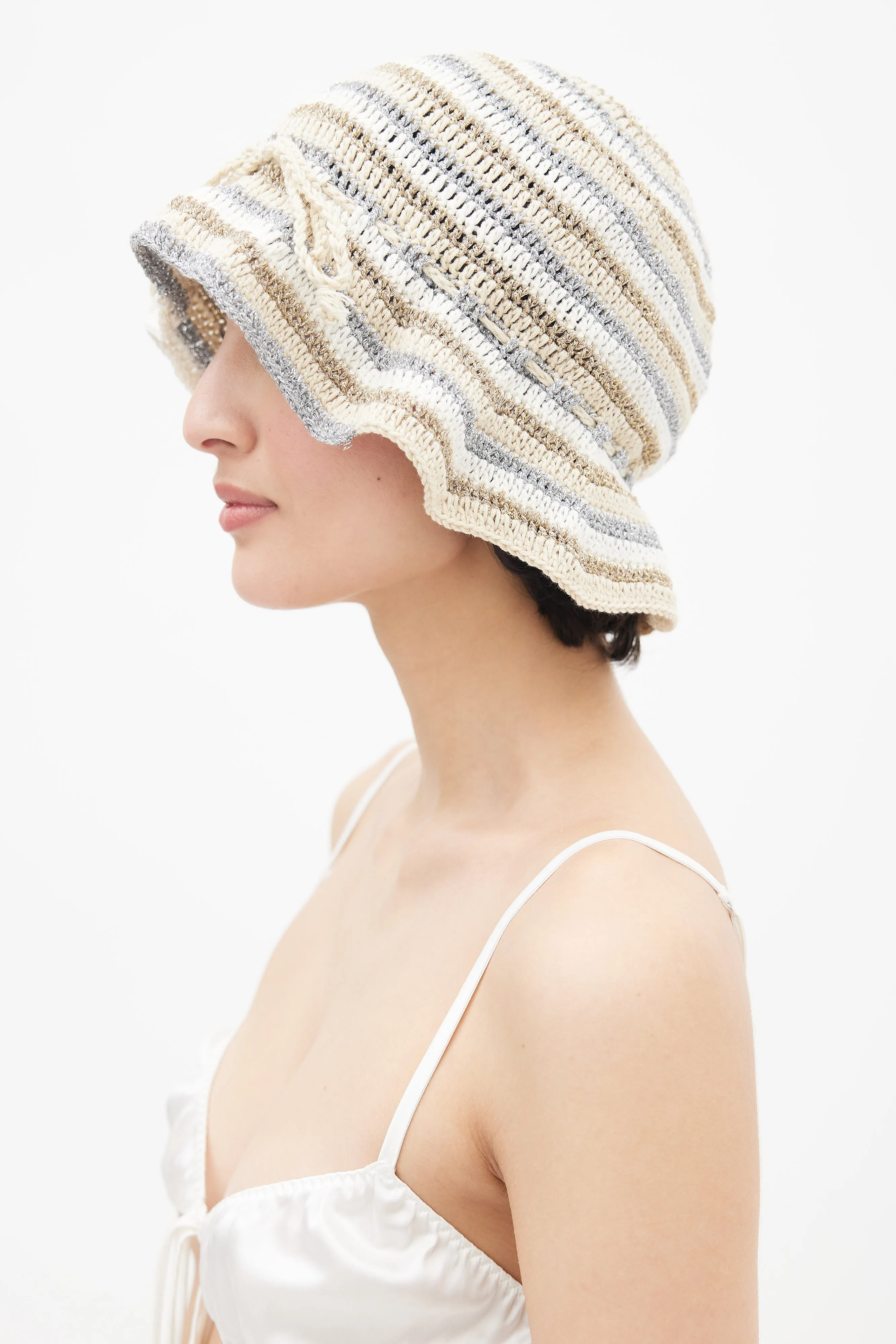 Beige & Metallic Spirales Woven Bucket Hat