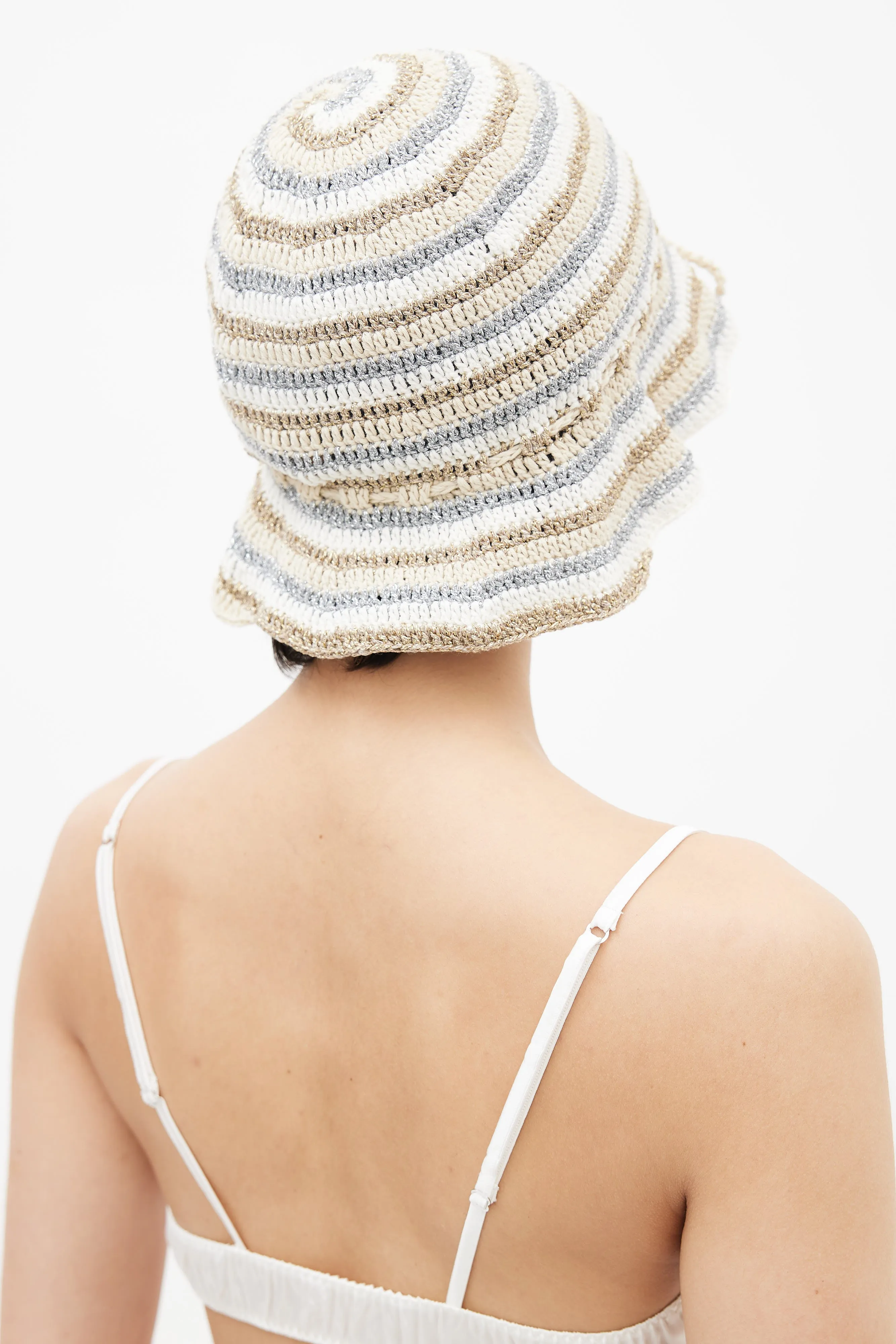 Beige & Metallic Spirales Woven Bucket Hat
