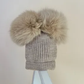 Beige Double Pom Hat