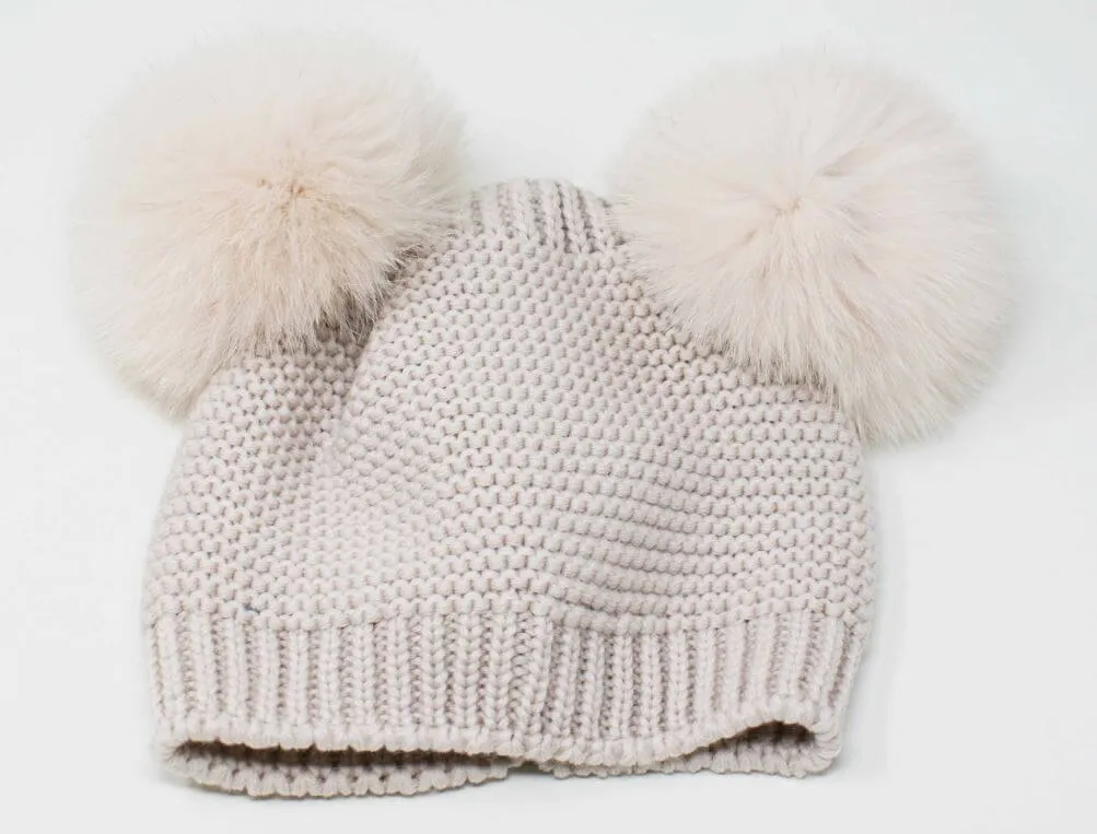 Beige Merino Wool Double Pom Pom Hat