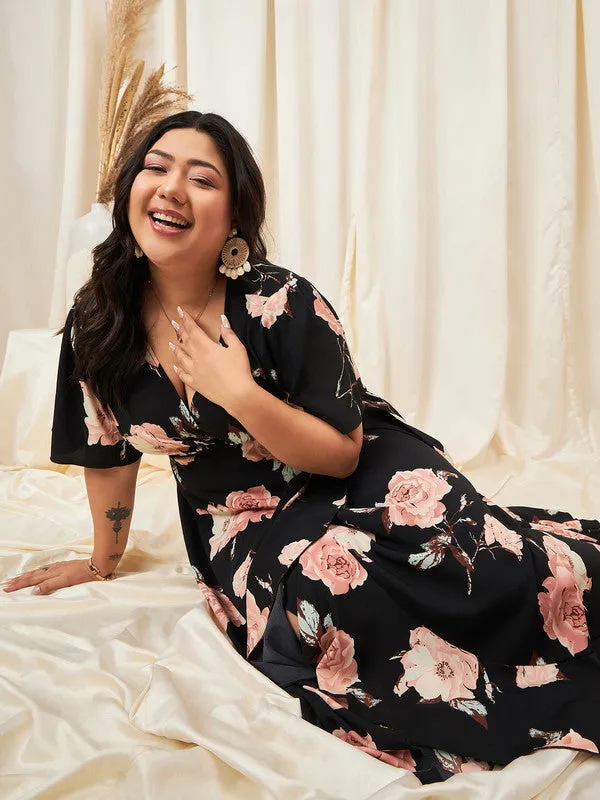 Berrylush Curve Women Black & Pink Floral Printed V-Neck Bell Sleeves Waist Tie-Up Ruffled A-line Maxi Dress