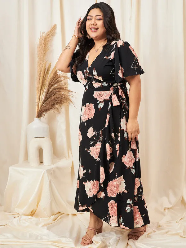 Berrylush Curve Women Black & Pink Floral Printed V-Neck Bell Sleeves Waist Tie-Up Ruffled A-line Maxi Dress
