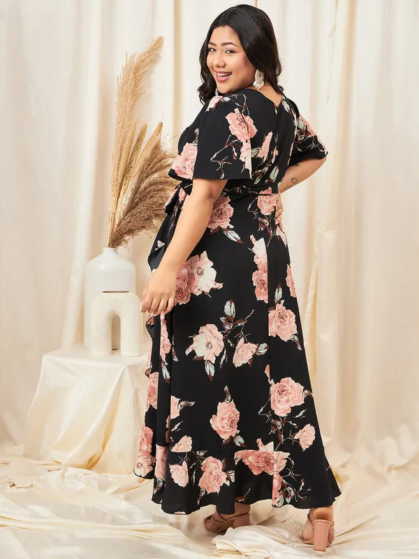 Berrylush Curve Women Black & Pink Floral Printed V-Neck Bell Sleeves Waist Tie-Up Ruffled A-line Maxi Dress
