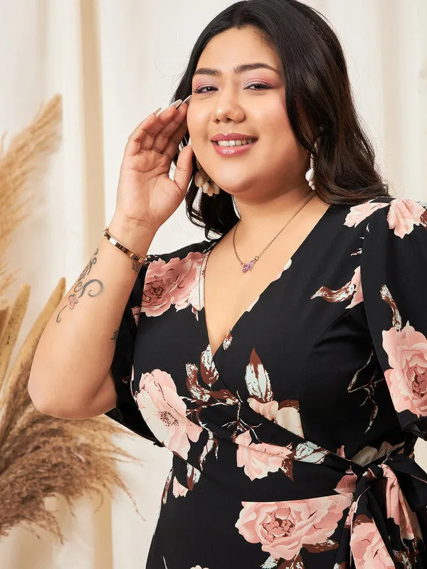 Berrylush Curve Women Black & Pink Floral Printed V-Neck Bell Sleeves Waist Tie-Up Ruffled A-line Maxi Dress