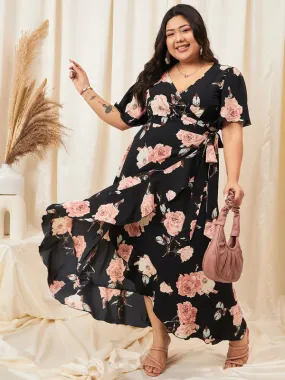 Berrylush Curve Women Black & Pink Floral Printed V-Neck Bell Sleeves Waist Tie-Up Ruffled A-line Maxi Dress