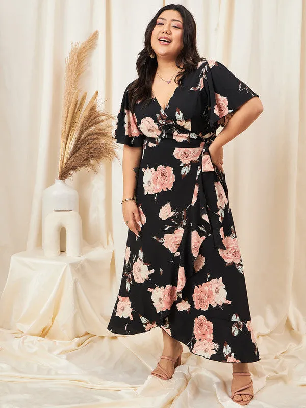 Berrylush Curve Women Black & Pink Floral Printed V-Neck Bell Sleeves Waist Tie-Up Ruffled A-line Maxi Dress