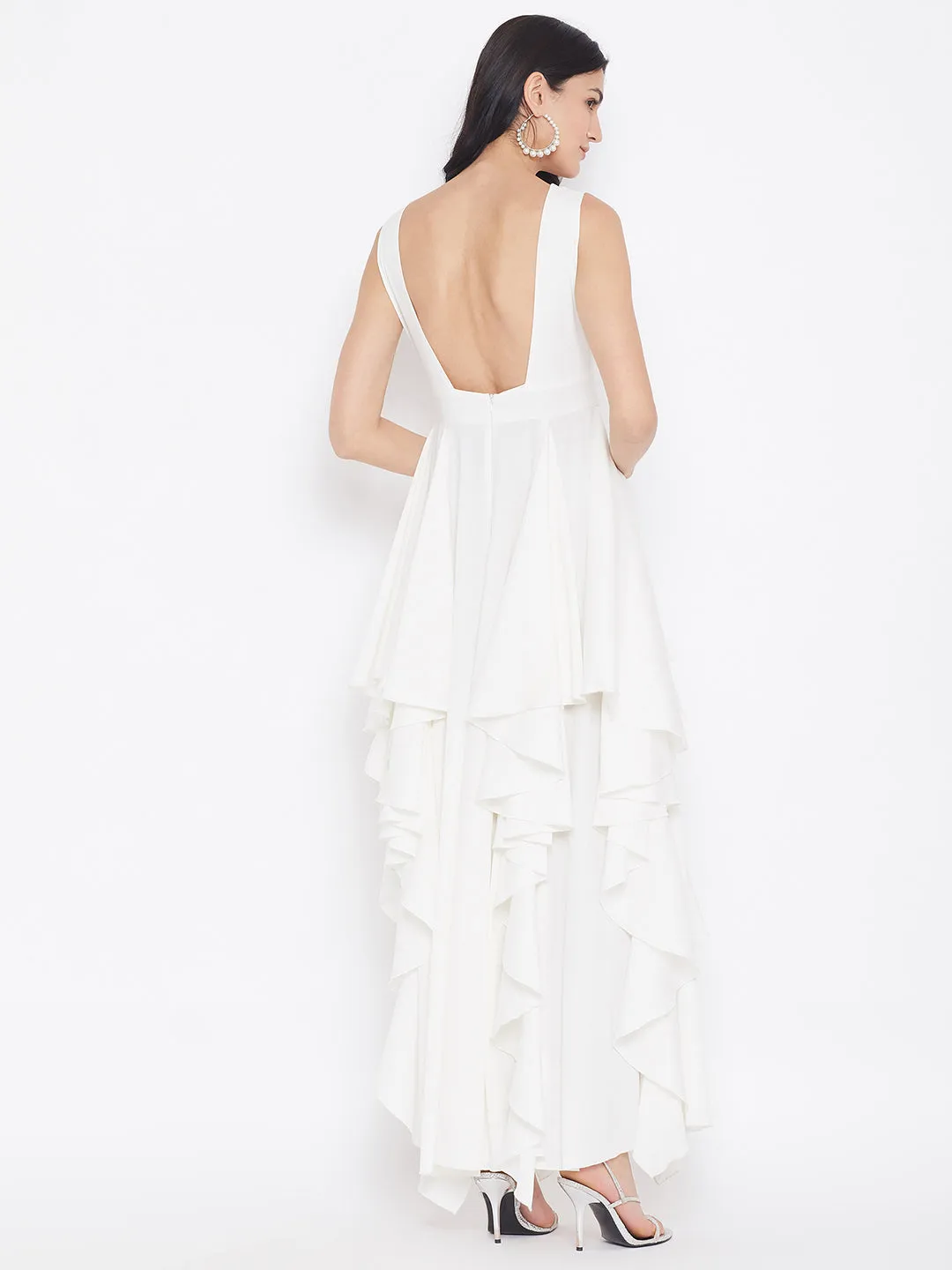 Berrylush Women Solid White V-Neck Sleeveless Crepe Ruffled Fit & Flare Maxi Dress