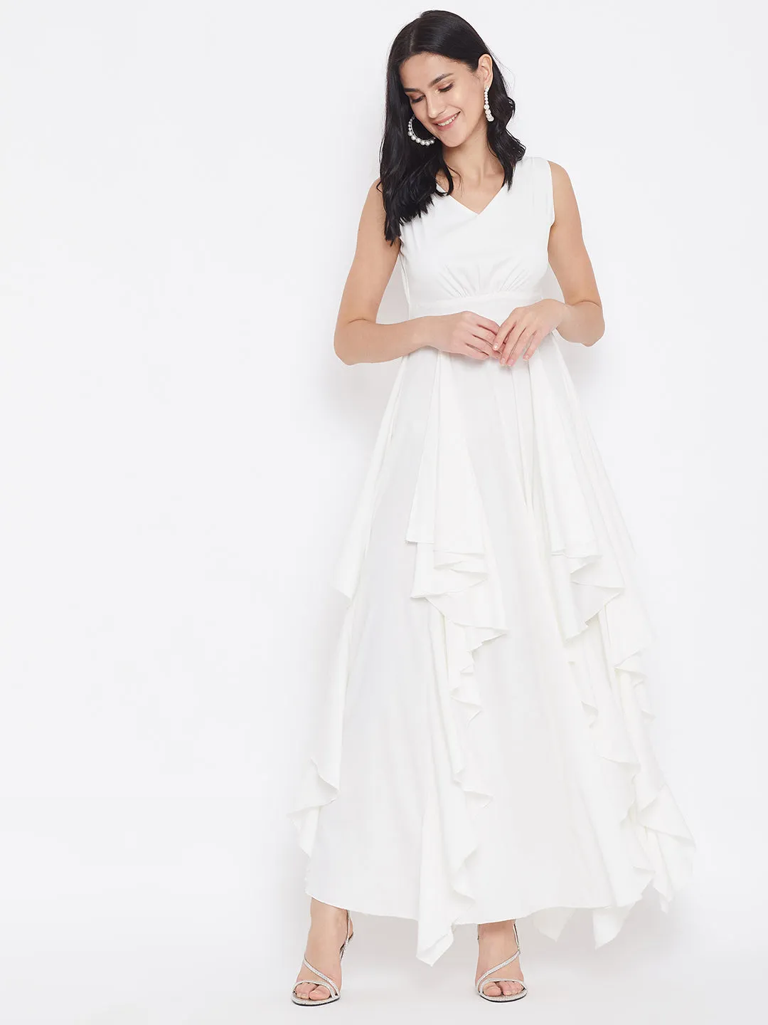Berrylush Women Solid White V-Neck Sleeveless Crepe Ruffled Fit & Flare Maxi Dress