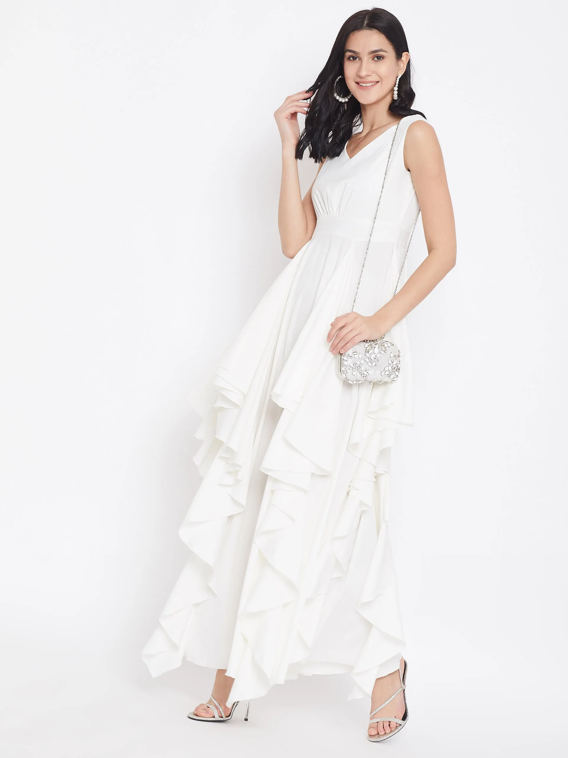 Berrylush Women Solid White V-Neck Sleeveless Crepe Ruffled Fit & Flare Maxi Dress
