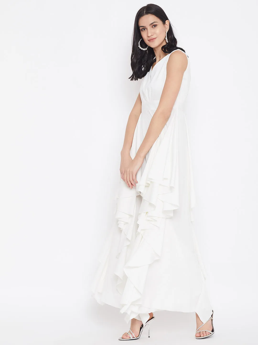 Berrylush Women Solid White V-Neck Sleeveless Crepe Ruffled Fit & Flare Maxi Dress