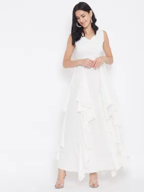 Berrylush Women Solid White V-Neck Sleeveless Crepe Ruffled Fit & Flare Maxi Dress