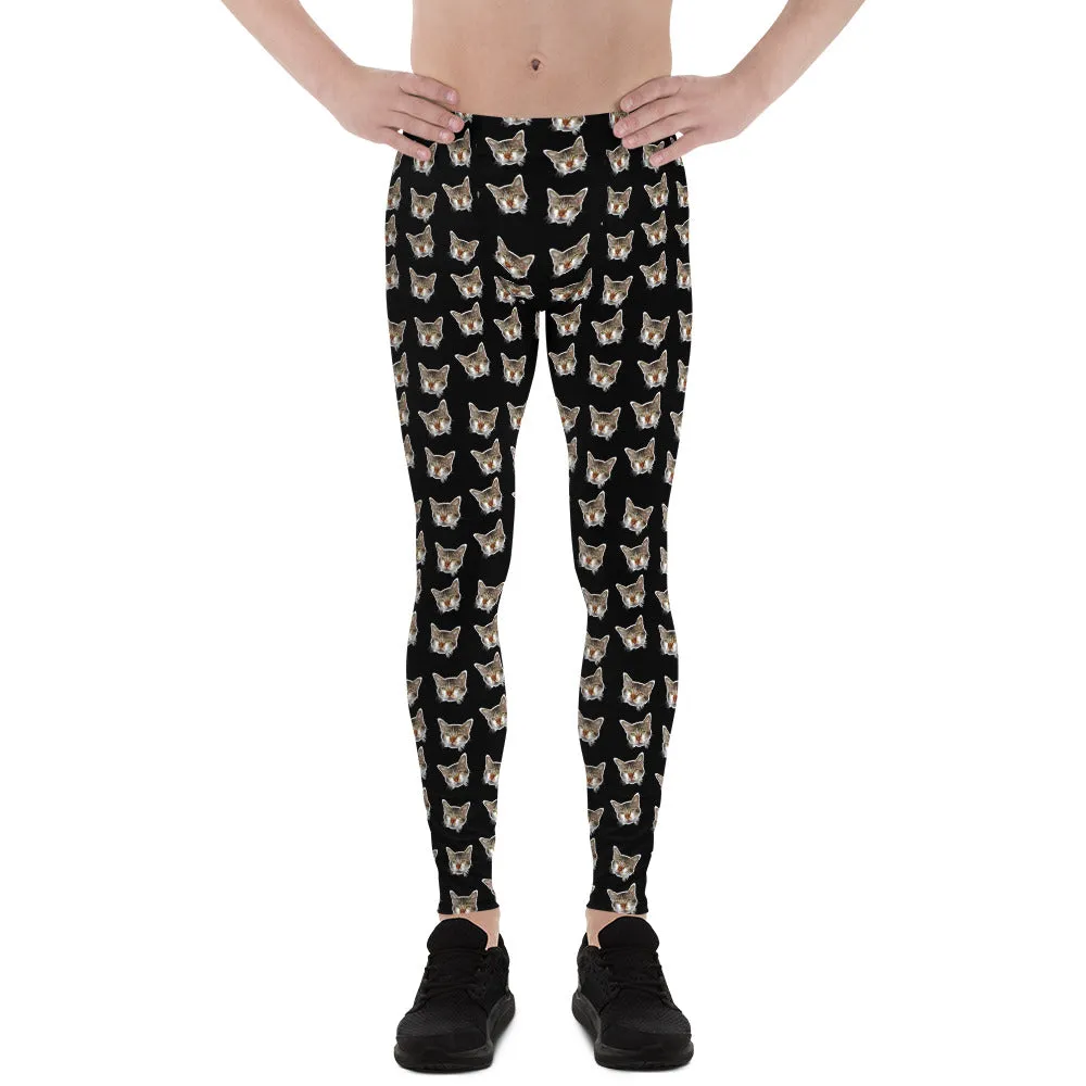 Black Cat Print Men's Leggings, Calico Cat Print Costume Fun Rave Tights-Made in USA/EU
