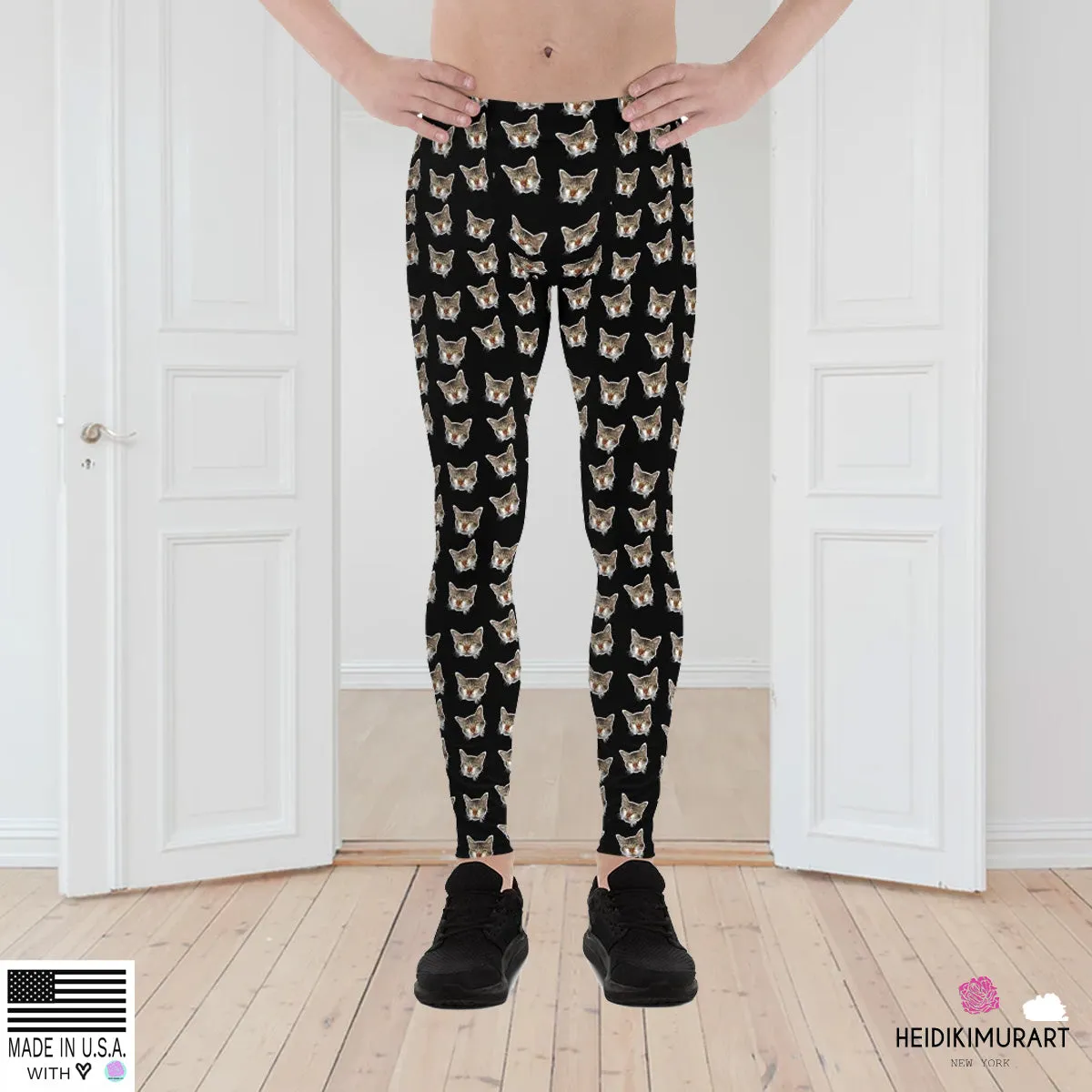 Black Cat Print Men's Leggings, Calico Cat Print Costume Fun Rave Tights-Made in USA/EU