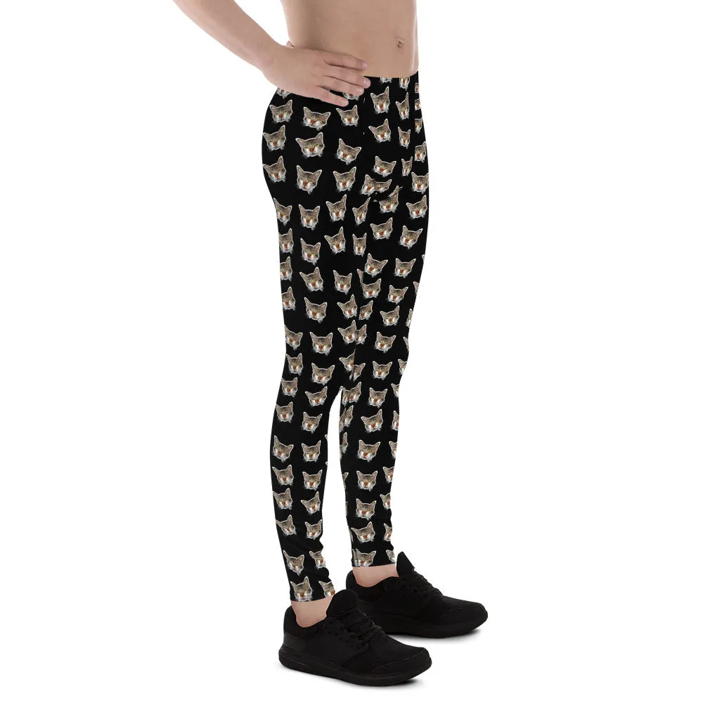 Black Cat Print Men's Leggings, Calico Cat Print Costume Fun Rave Tights-Made in USA/EU